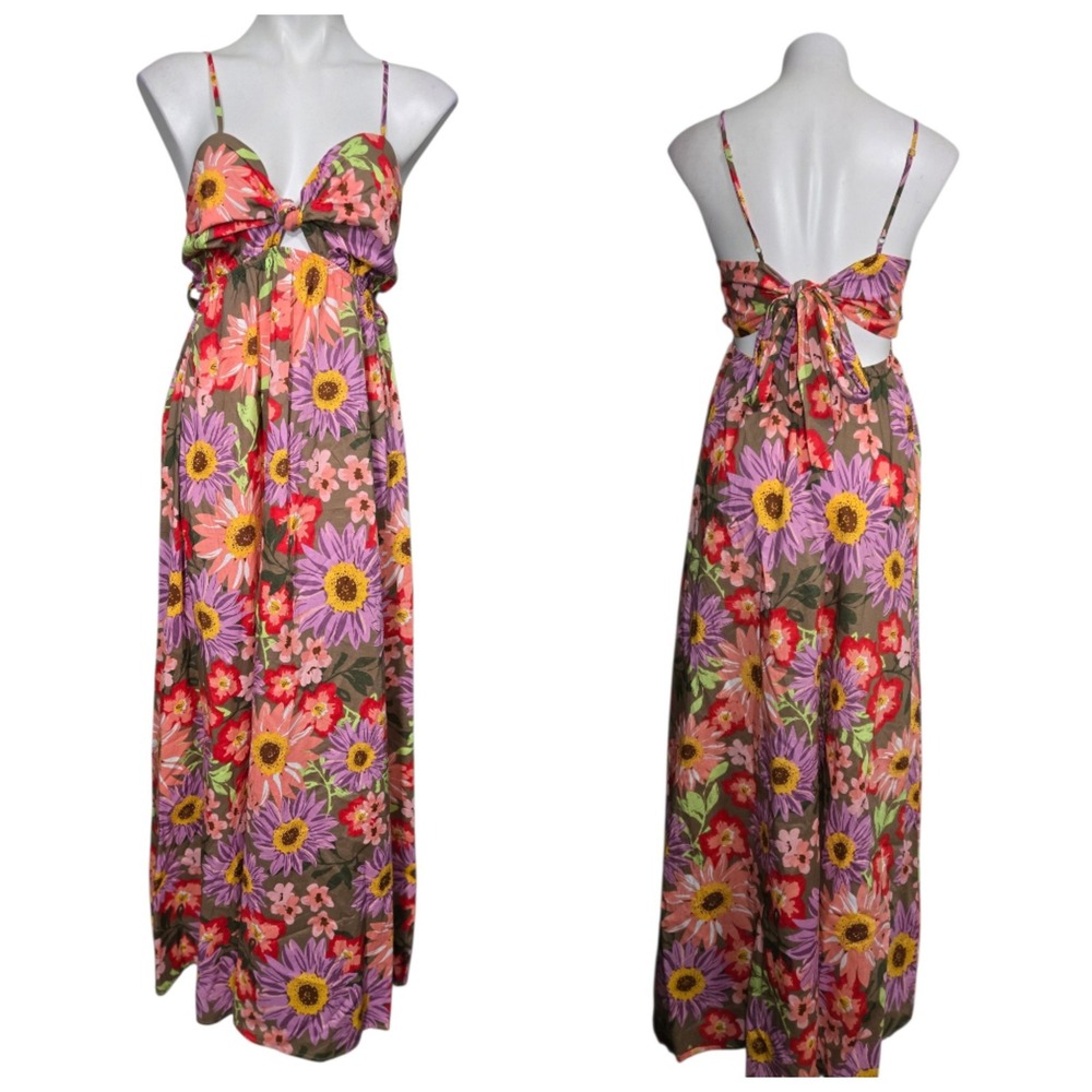Aakaa Maxi Dress sz M brown multicolor floral Sunflower twist Front 100% cotton